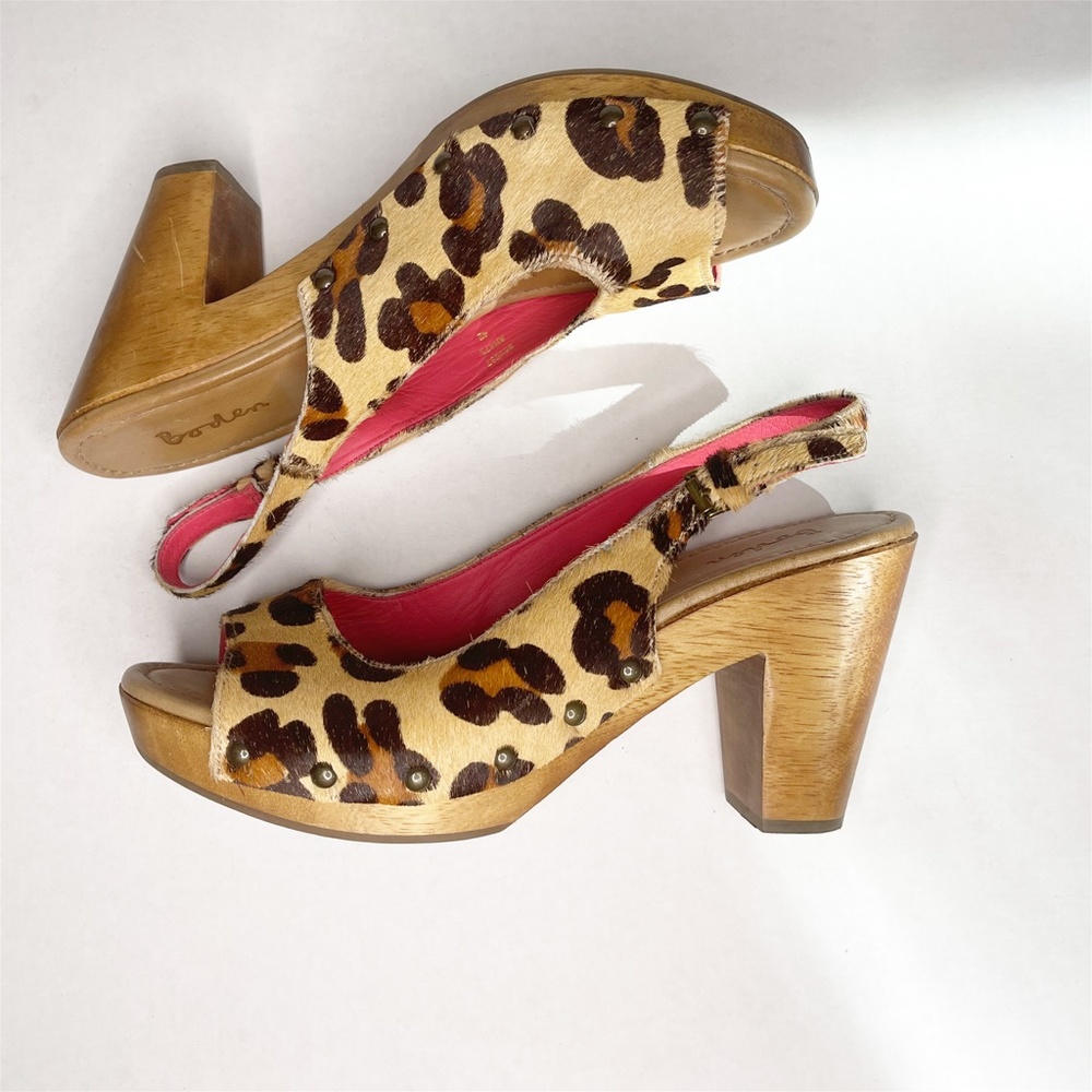 BODEN Size 42/10.5 Wood Leopard Calf Hair Platform Heals Funky Slingback Retro